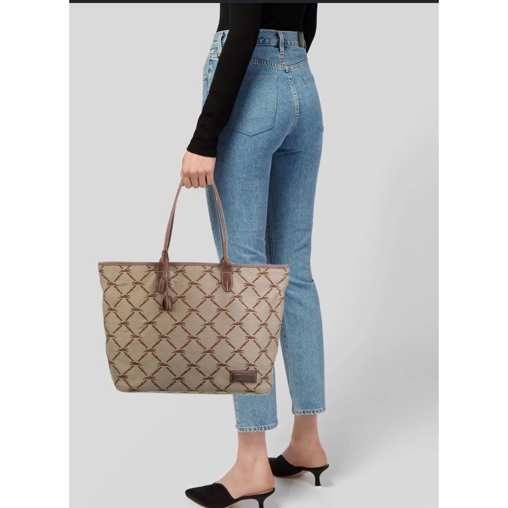 Longchamp LM Metal Tote Bag Grey Brown Logo Canvas Large Shopper Zip Top